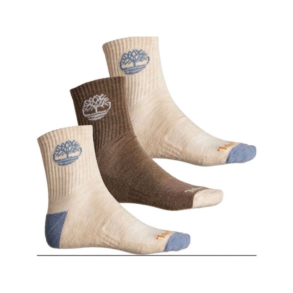 Timberland L Men’s Wool Blend Ivory Brown Basic Hiking Shortie Crew Socks 3-Pk